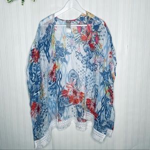 Chico’s NWOT Ikat Paradise Ruana linen fringe kimono coverup top Small/Medium